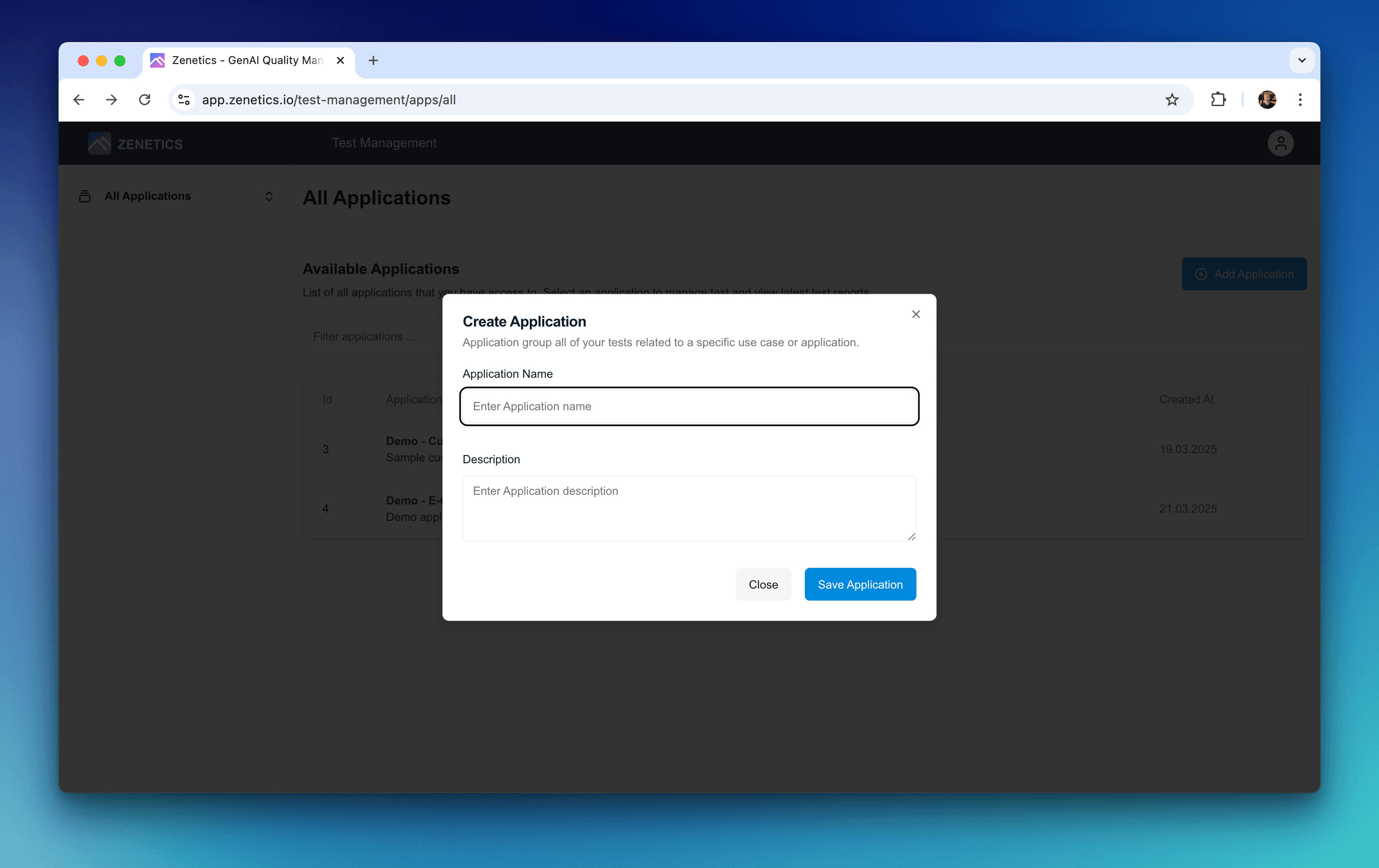 Zenetics Portal - create a new application