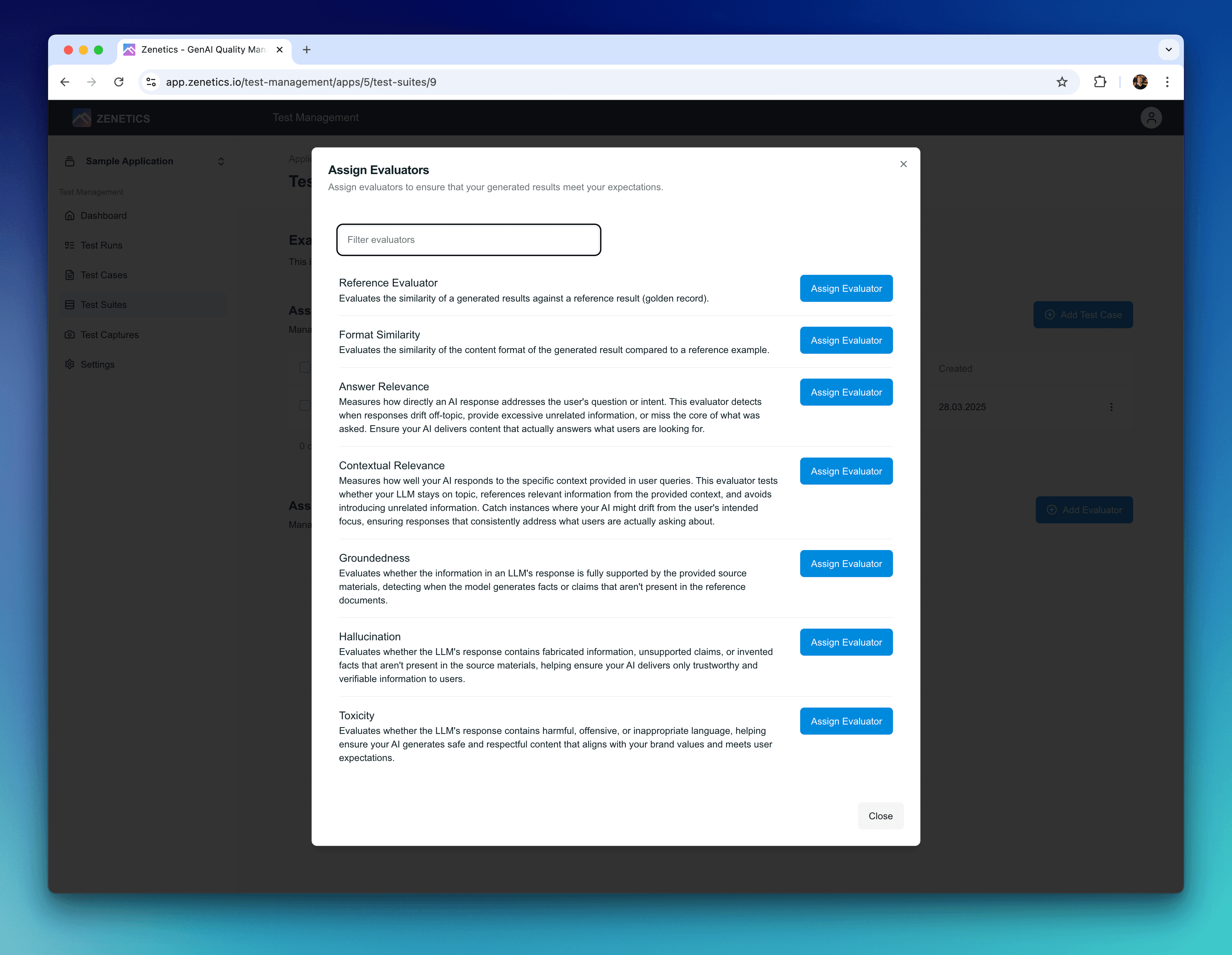 Zenetics Portal - assign evaluator to test suite