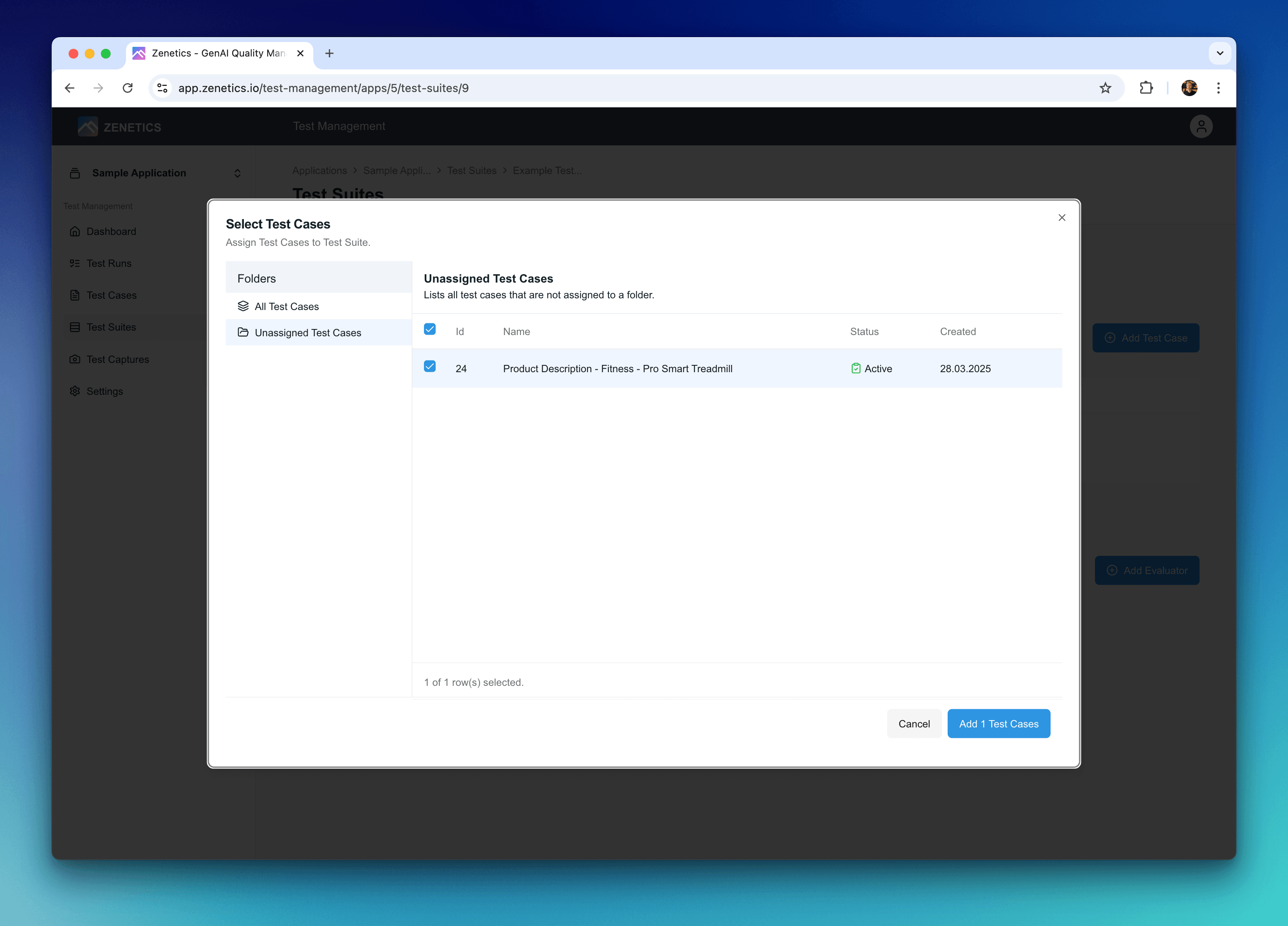 Zenetics Portal - assign test case to test suite